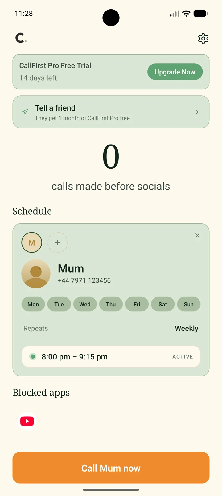 CallFirst home screen with the blocking schedule active