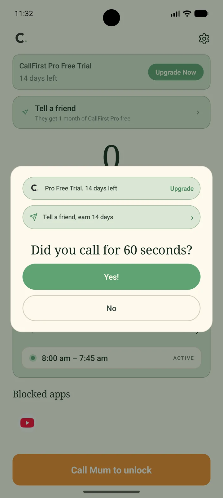 Post-call dialog asking whether you spoke for at least sixty seconds
