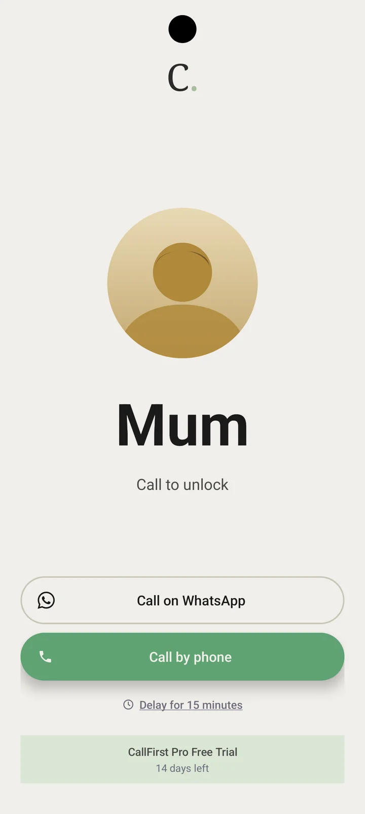 CallFirst block screen prompting the user to call Mum to unlock their social apps